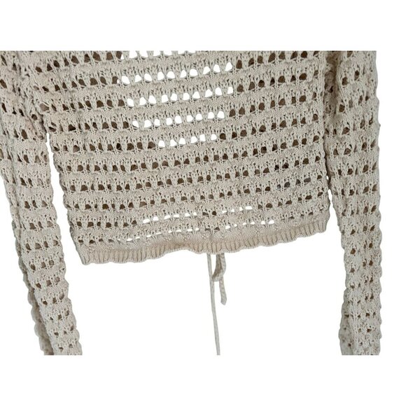 Free People Beach Crop Top Crochet Knit Open Back & Adjustable Tie Beige Long Sl - Picture 7 of 10